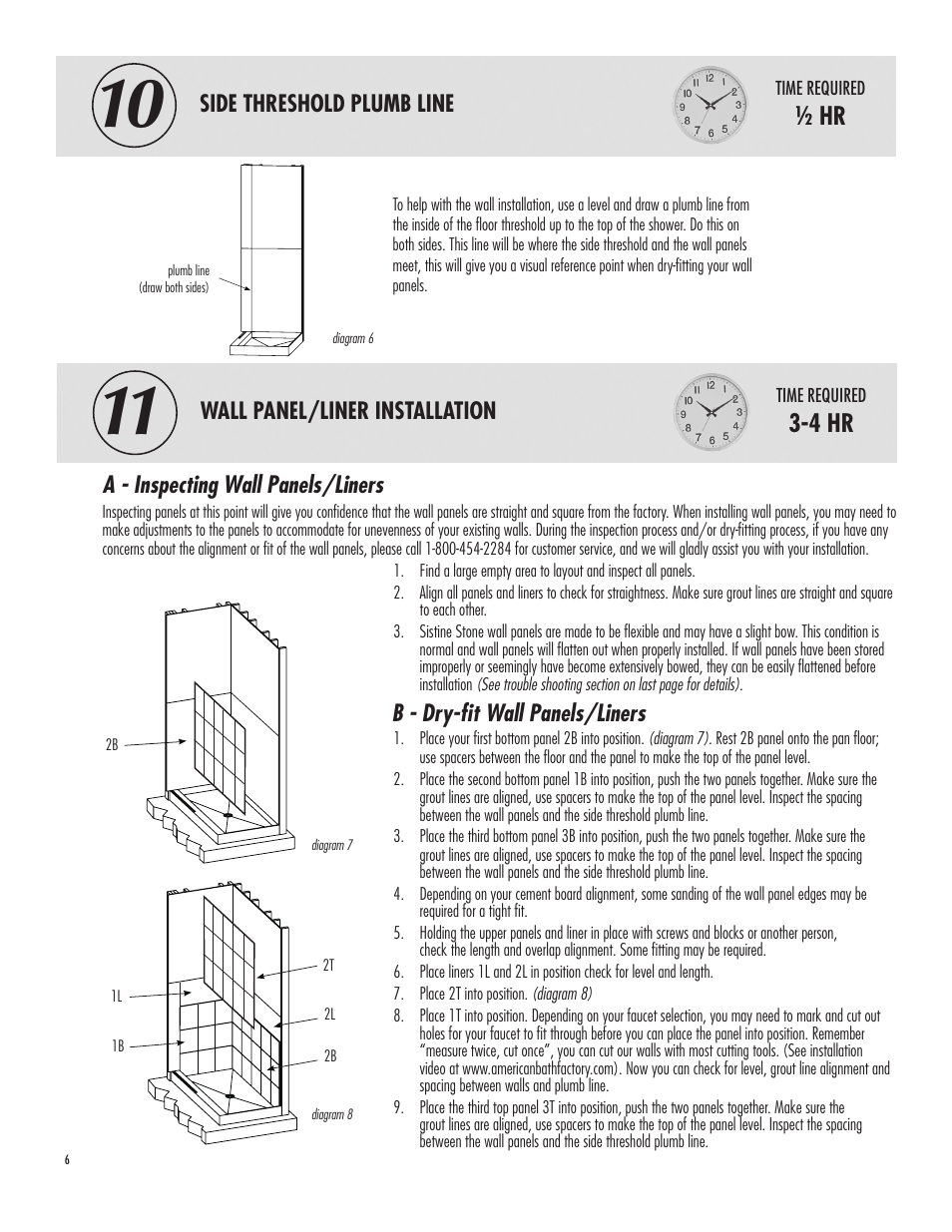 4 hr, Side threshold plumb line, Wall panel/liner installation | A - inspecting wall panels/liners, B - dry-fit wall panels/liners | American Bath Factory Single Supreme Carolina Shower User Manual | Page 6 / 10