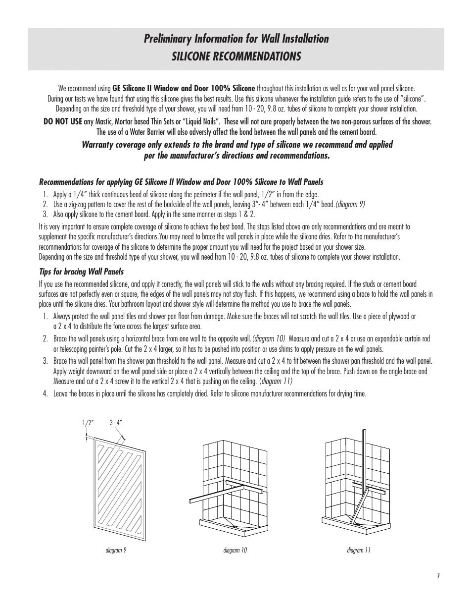 Silicone recommendations, Preliminary information for wall installation | American Bath Factory Single Supreme Carolina Shower User Manual | Page 7 / 10