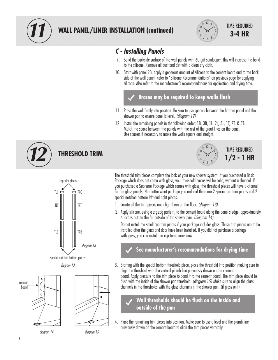 4 hr, 1/2 - 1 hr, Wall panel/liner installation (continued) | Threshold trim, C - installing panels | American Bath Factory Single Supreme Carolina Shower User Manual | Page 8 / 10