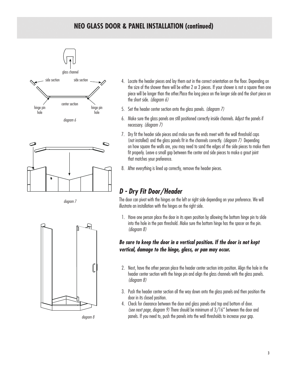 Neo glass door & panel installation (continued), D - dry fit door/header | American Bath Factory Neo Supreme Carolina Shower User Manual | Page 3 / 4