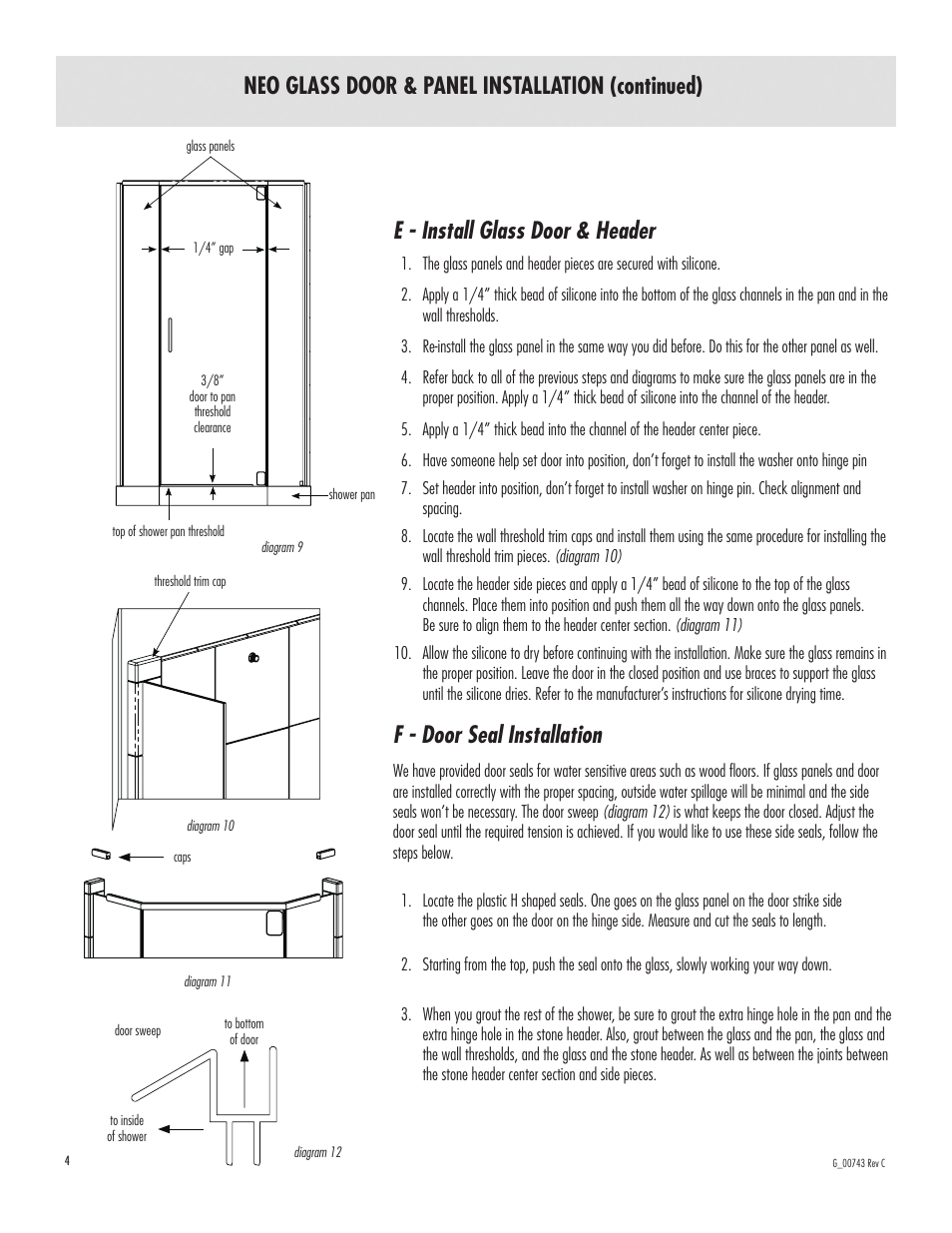 Neo glass door & panel installation (continued), E - install glass door & header, F - door seal installation | American Bath Factory Neo Supreme Carolina Shower User Manual | Page 4 / 4