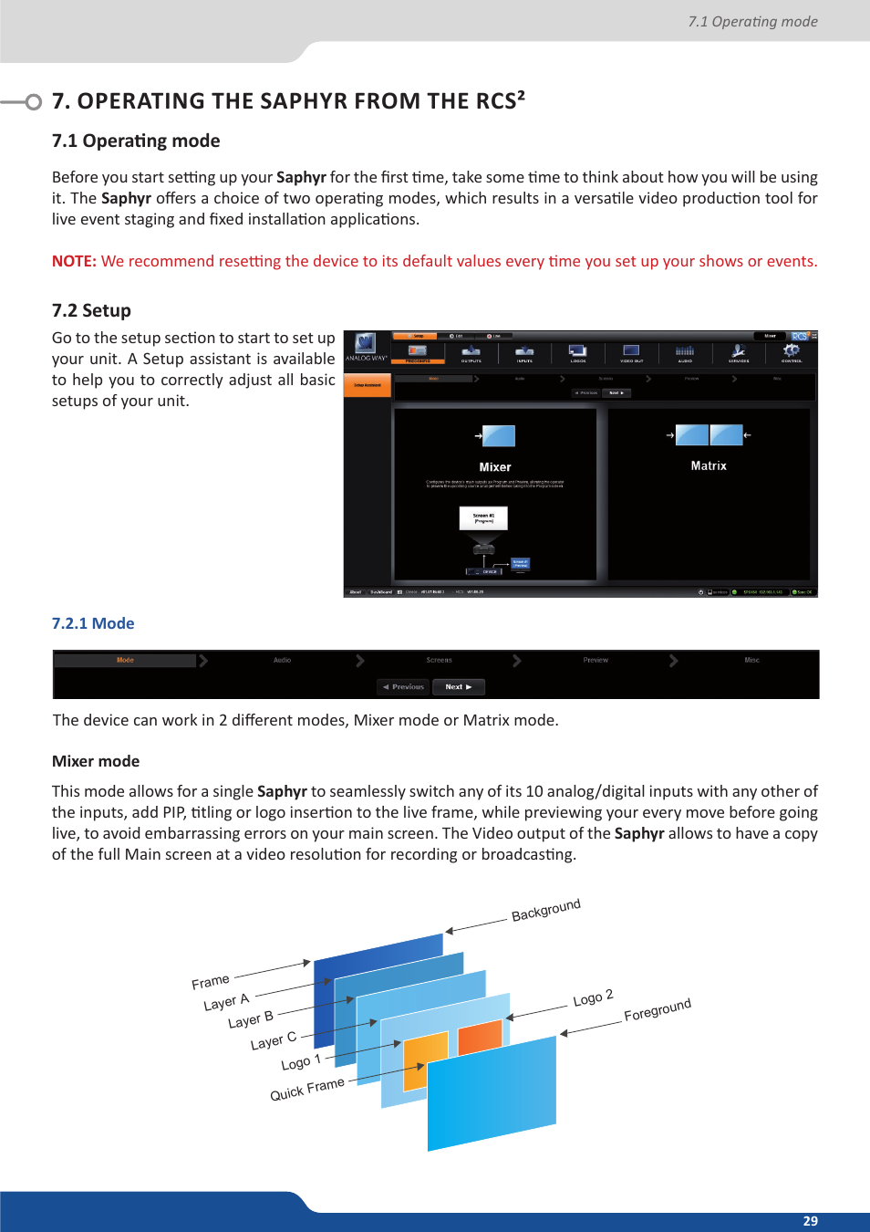 Operating the saphyr from the rcs, 1 operating mode, 2 setup | 1 mode | Analog Way Saphyr User Manual | Page 29 / 103