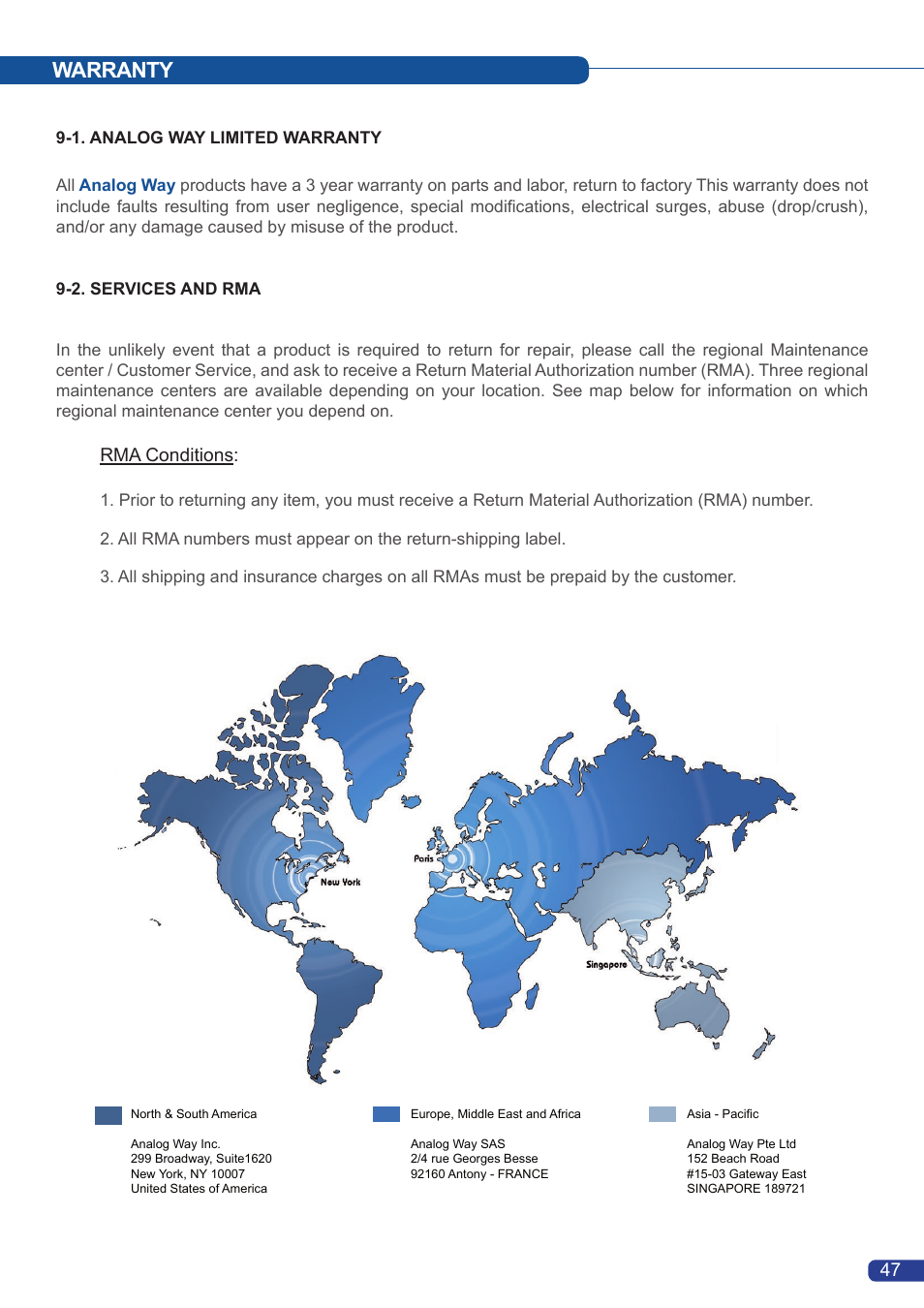 Warranty, Rma conditions | Analog Way Axion2 User Manual | Page 49 / 52