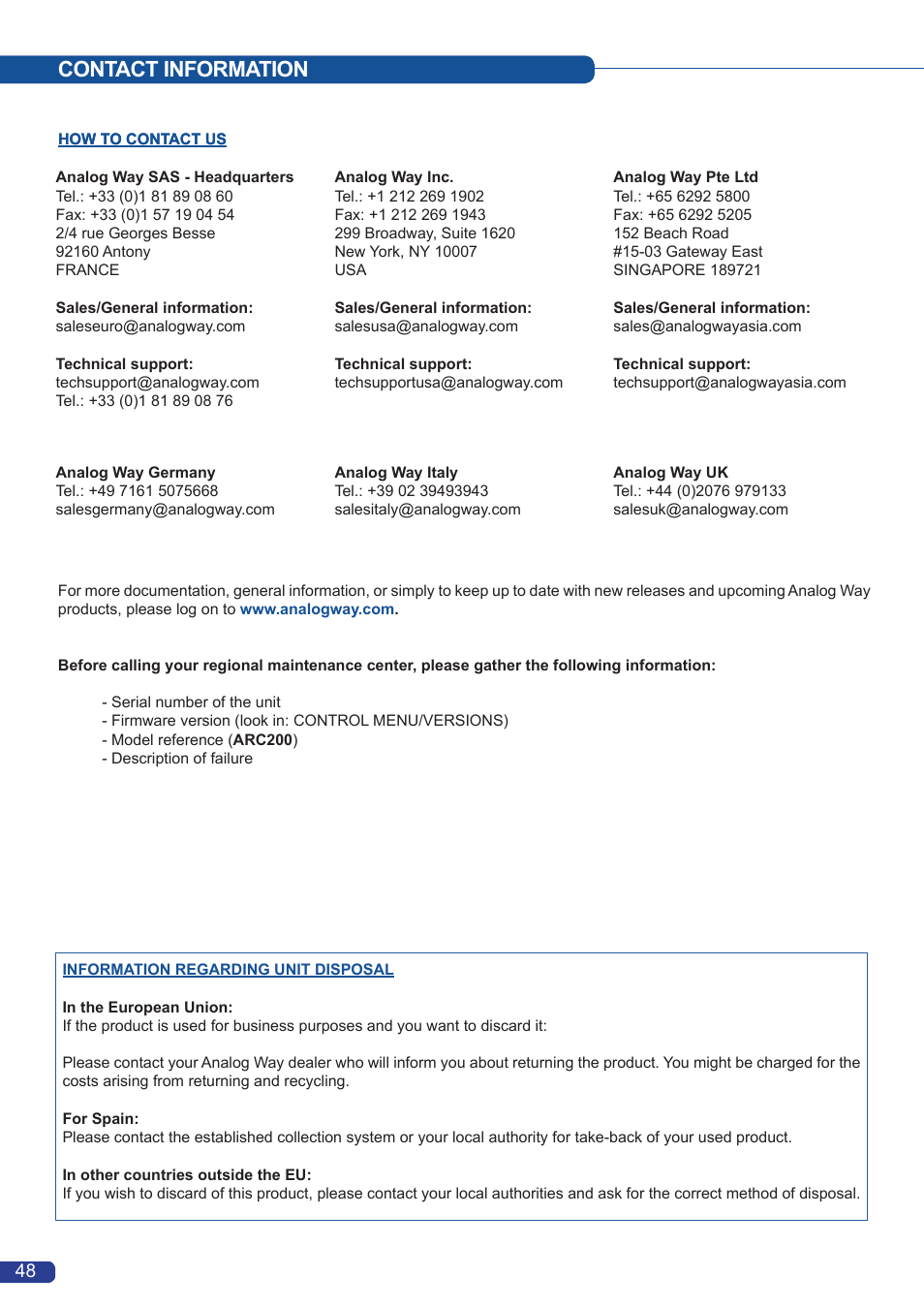 Contact information | Analog Way Axion2 User Manual | Page 50 / 52