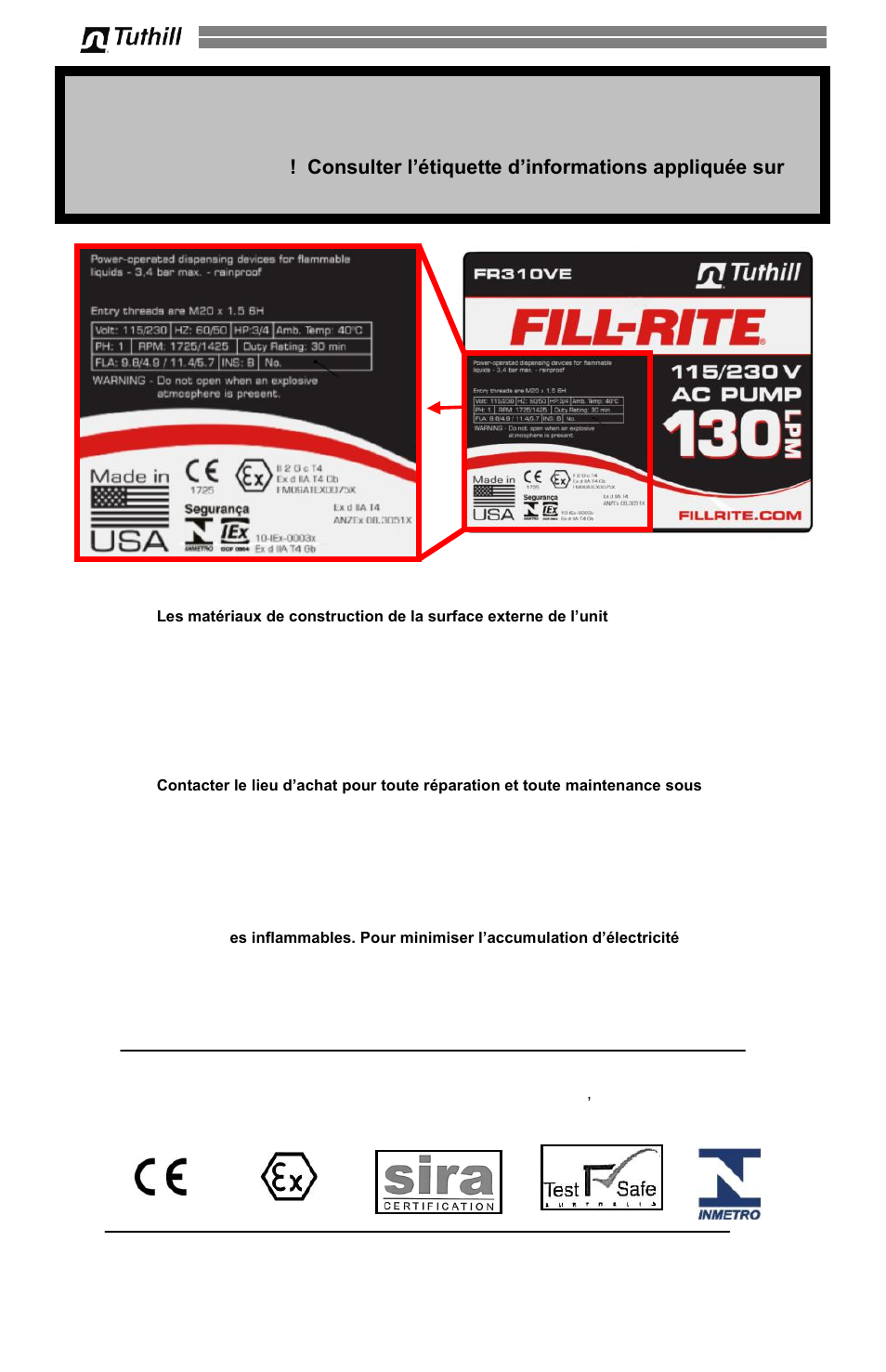 Attention, Matériaux de construction, Réparation et maintenance | Conditions spéciales pour utilisation sans danger, Installation | Fill-Rite 300V Series Fuel Transfer Pump User Manual | Page 48 / 64