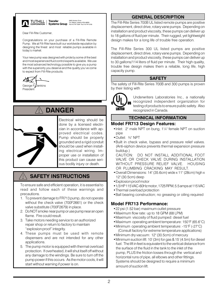 Danger, Safety instructions | Fill-Rite FR313 REMOTE PUMPS User Manual | Page 2 / 8