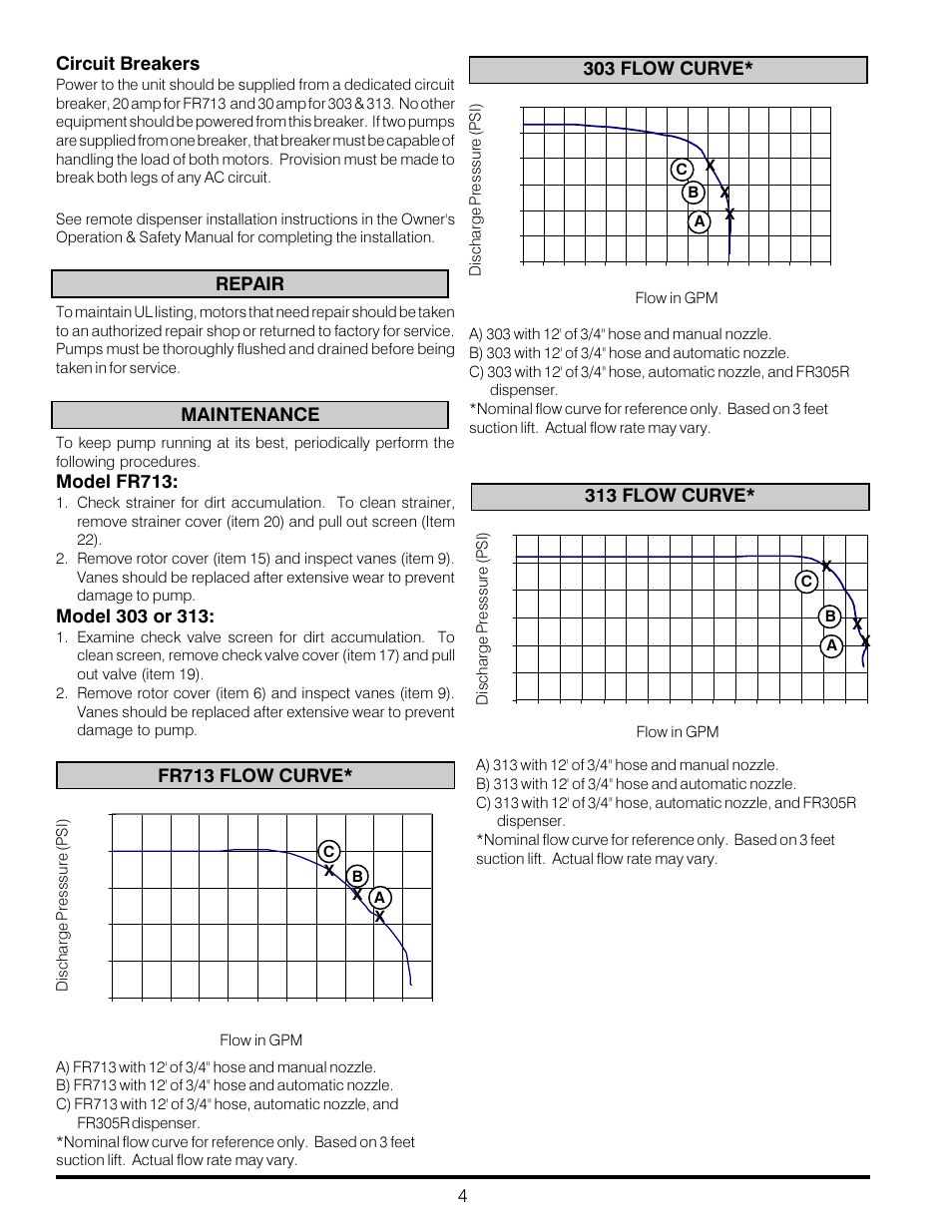 4fr713 flow curve, 313 flow curve, Repair maintenance circuit breakers | Model fr713, 303 flow curve | Fill-Rite FR313 REMOTE PUMPS User Manual | Page 4 / 8