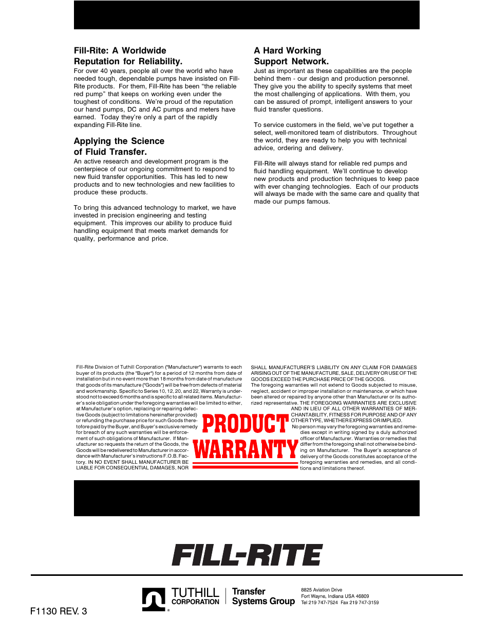 Fill-rite: a worldwide reputation for reliability, Applying the science of fluid transfer, A hard working support network | Fill-Rite FR313 REMOTE PUMPS User Manual | Page 8 / 8