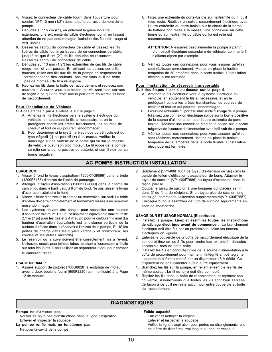 Ac pompe instruction installation, Diagnostiques | Fill-Rite SD1202 DC_FR600C_SD602 AC Fuel Transfer Pump User Manual | Page 10 / 12