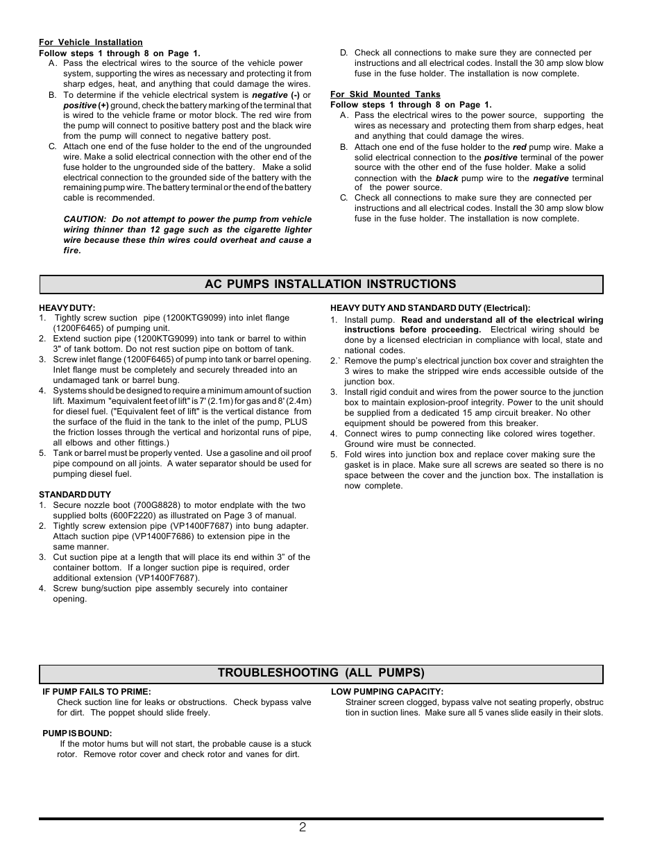 Ac pumps installation instructions, Troubleshooting (all pumps) | Fill-Rite SD1202 DC_FR600C_SD602 AC Fuel Transfer Pump User Manual | Page 2 / 12