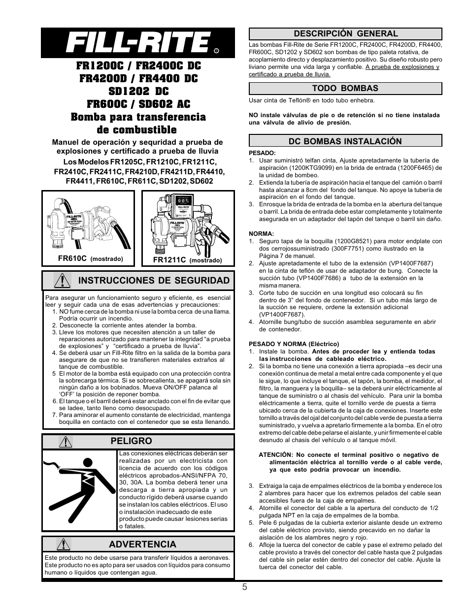 5instrucciones de seguridad peligro, Advertencia | Fill-Rite SD1202 DC_FR600C_SD602 AC Fuel Transfer Pump User Manual | Page 5 / 12
