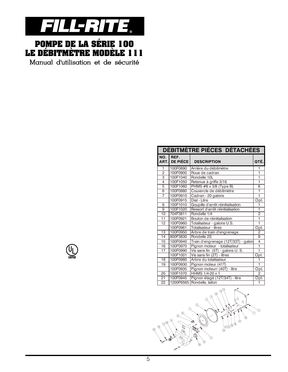 Manual d'utilisation et de sécurité, Instructions pour inverser le sens du débit, Guide de dépannage | Instalación, Sécurité advertencia, Débitmètre piéces détachées | Fill-Rite 111 COUNTER ASSEMBLY User Manual | Page 5 / 8