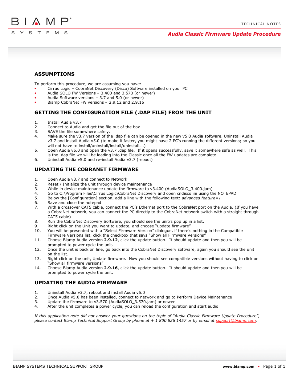 Biamp Audia Classic Firmware Upgrade Procedure User Manual | 1 page