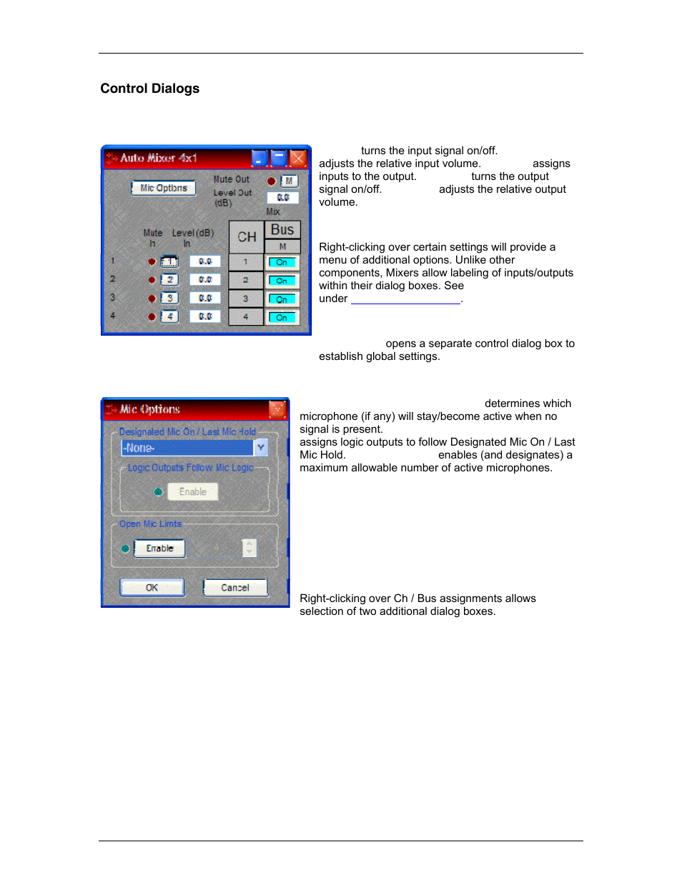 Control dialogs, Auto mixers, Matrix mixers | See auto mix | Biamp A4 User Manual | Page 125 / 245