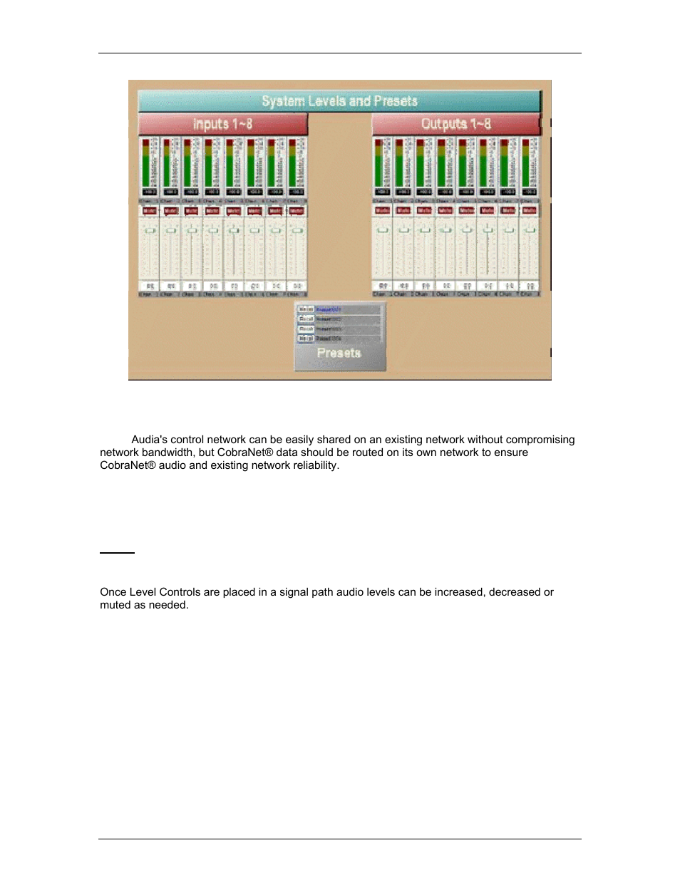Control dialog - levels, presets, & meters | Biamp A4 User Manual | Page 235 / 245