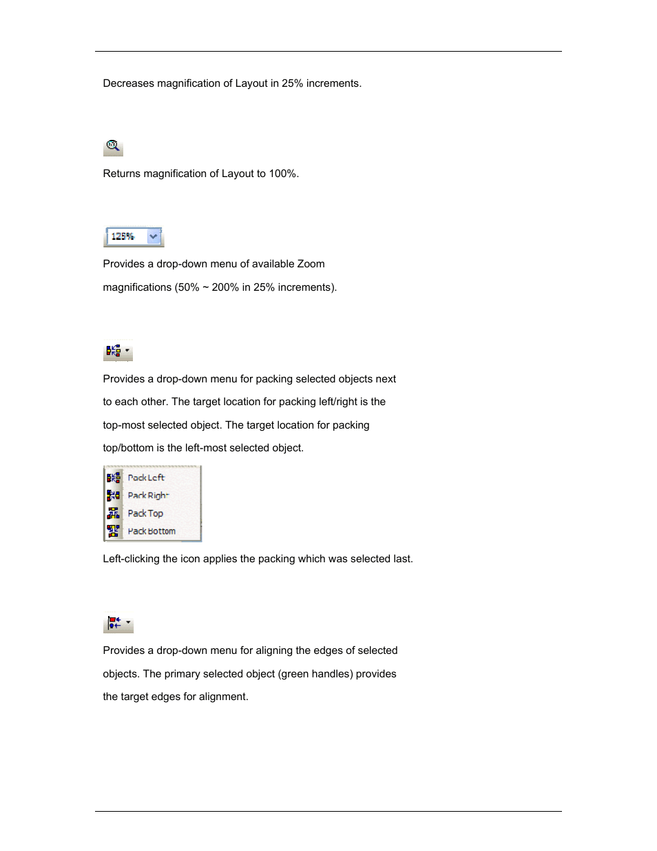 Zoom 1:1, Zoom level, Pack objects | Align edges, Zoom, Level | Biamp A4 User Manual | Page 57 / 245