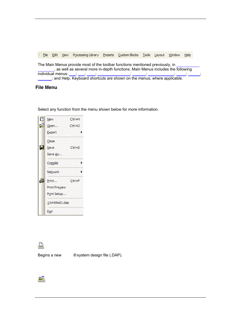 Main menus, File menu, Menu items | Open, Are the, Which | Biamp A4 User Manual | Page 71 / 245