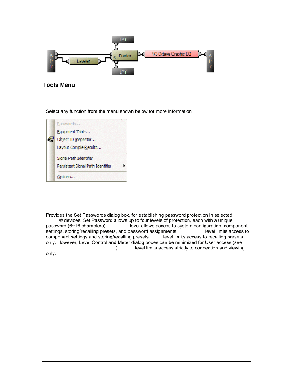 Tools menu, Menu items, Passwords | Tools | Biamp A4 User Manual | Page 83 / 245