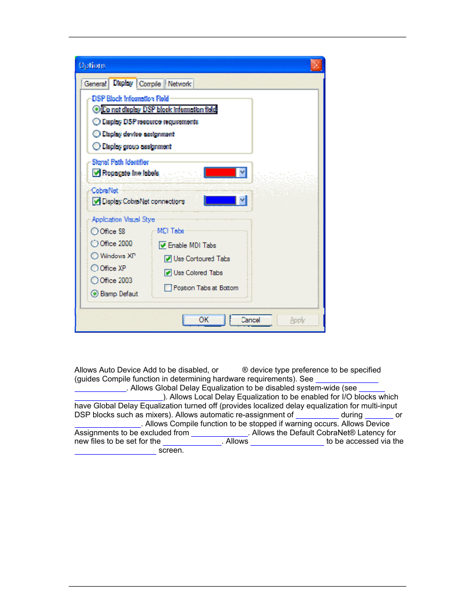 Compile options, Network options, 33ms (see | Alternate, See compil | Biamp A4 User Manual | Page 89 / 245