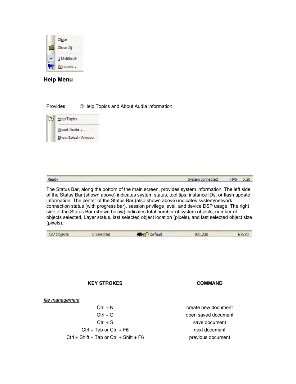 Help menu, Status bar, Keyboard shortcuts | Input output, En is a, Ar in the | Biamp A4 User Manual | Page 95 / 245