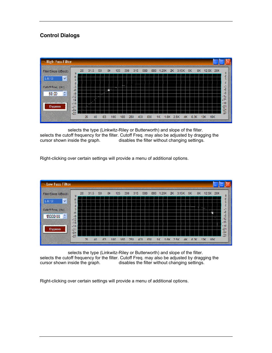 Control dialogs, High pass filter, Low pass filter | Way crossover, See l | Biamp LTR User Manual | Page 133 / 245