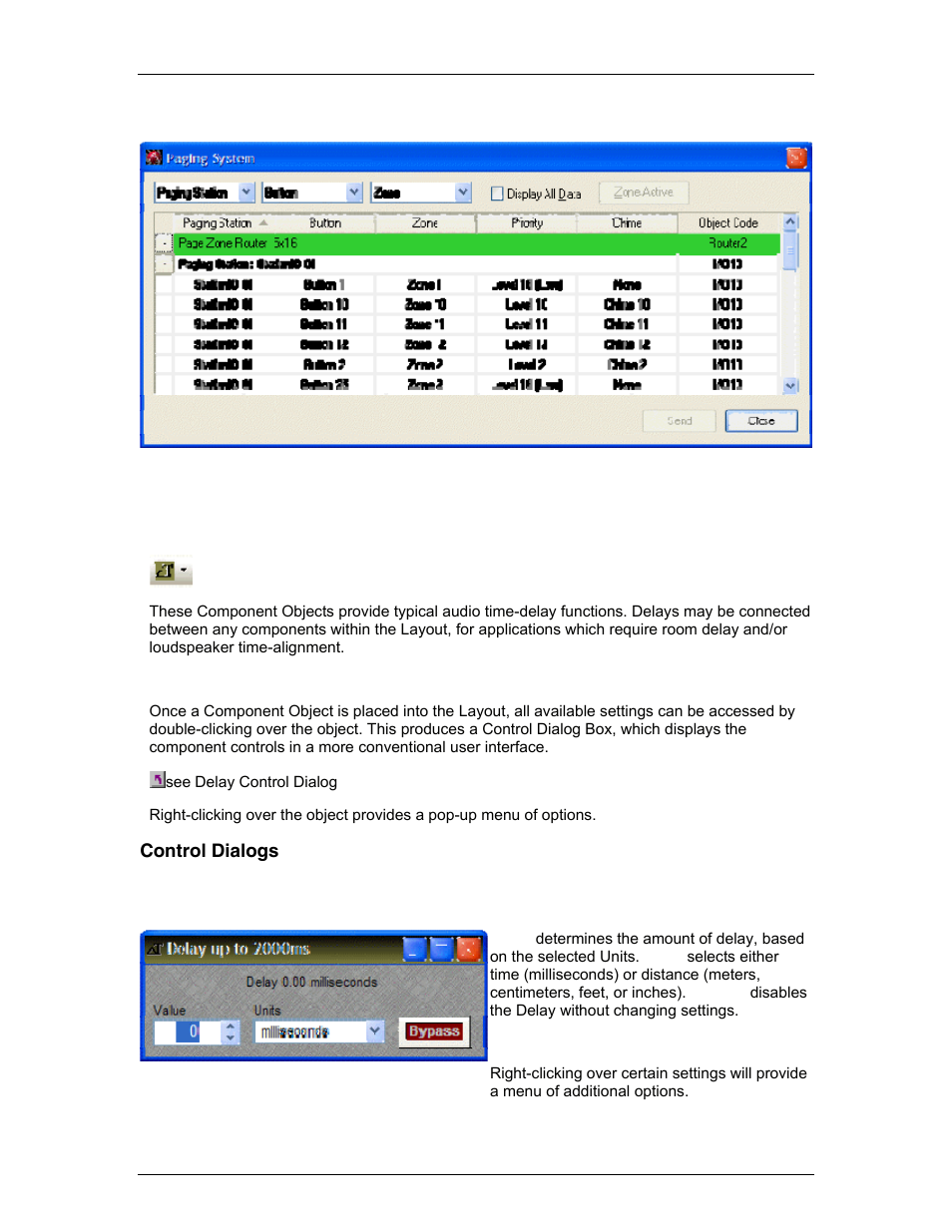 Delays, Control dialogs, Delay | Volum, Select 8, Volume/select 8 | Biamp LTR User Manual | Page 146 / 245