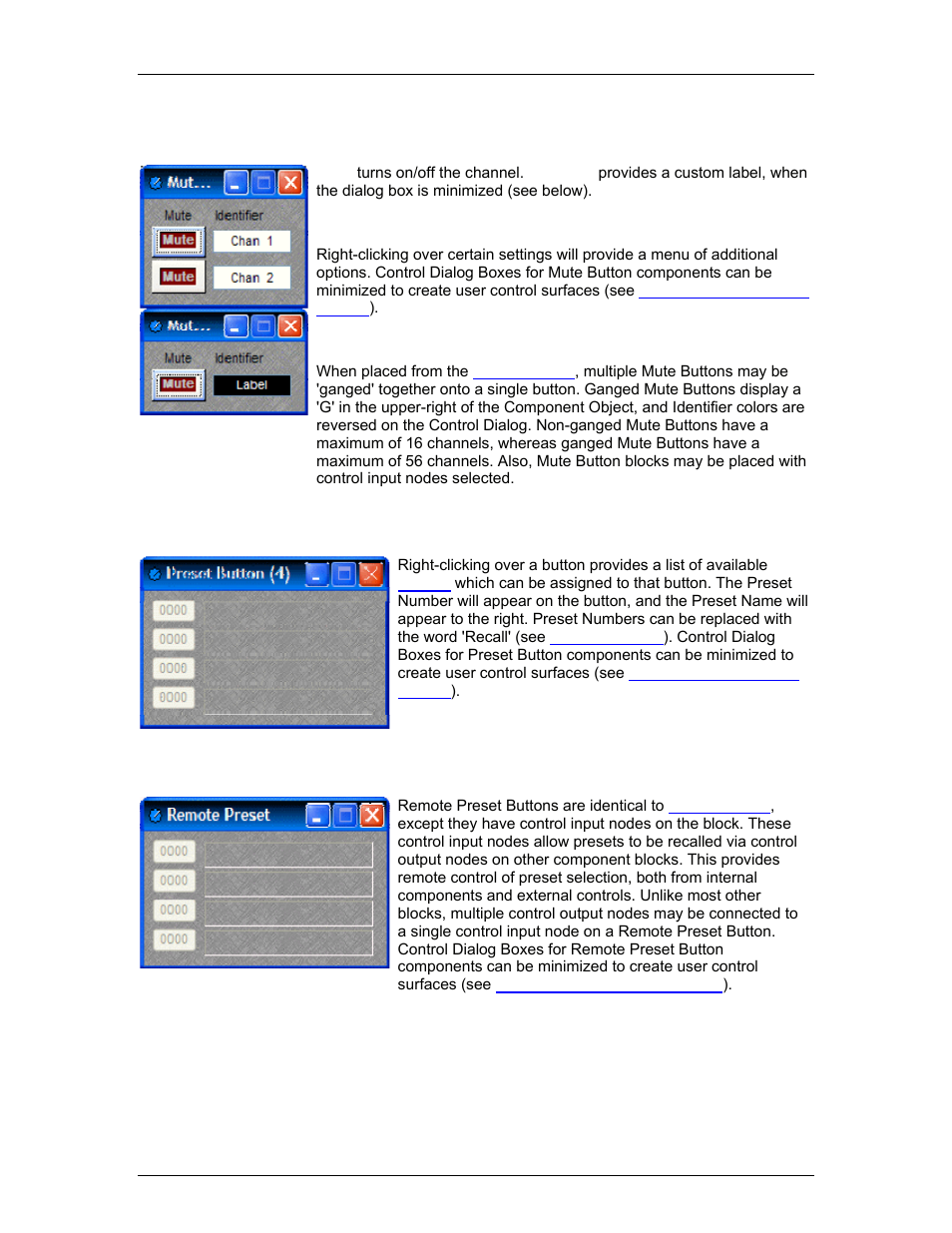 Mute button, Preset button, Remote preset button | Logic gates, Enerators, Logic meter, Generators, Tone generator, Pink noise generator, Preset buttons | Biamp LTR User Manual | Page 150 / 245