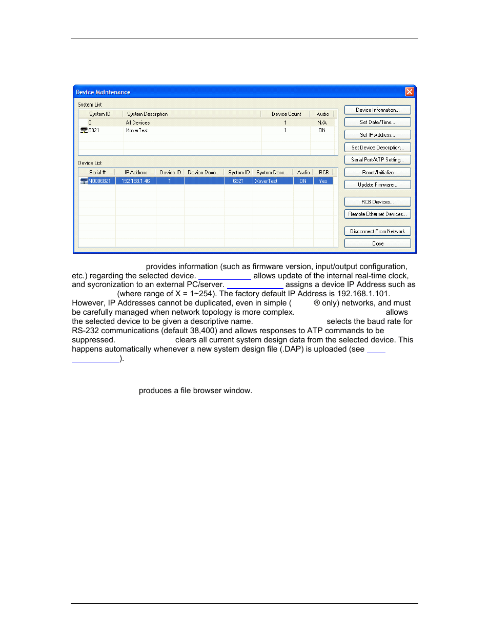 Device maintenance dialog box, Device maintenance | Biamp LTR User Manual | Page 62 / 245