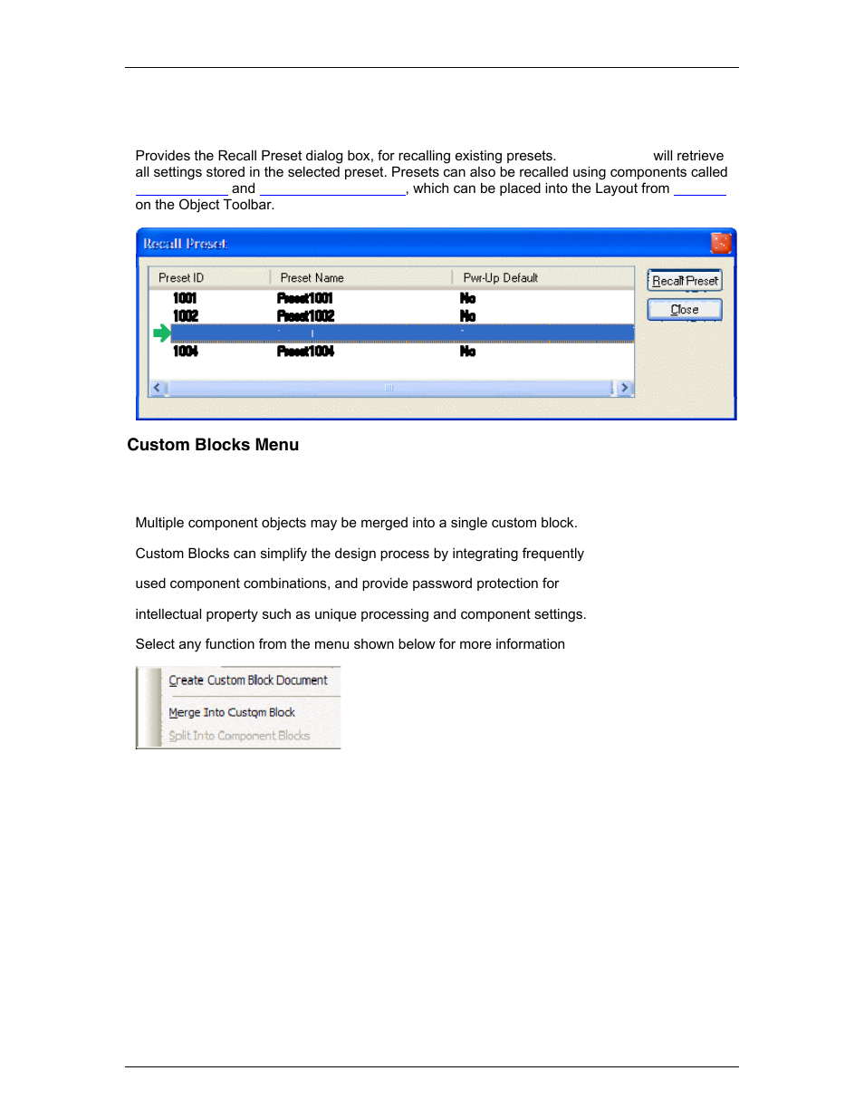 Recall, Custom blocks menu, Custom blocks | Biamp LTR User Manual | Page 80 / 245