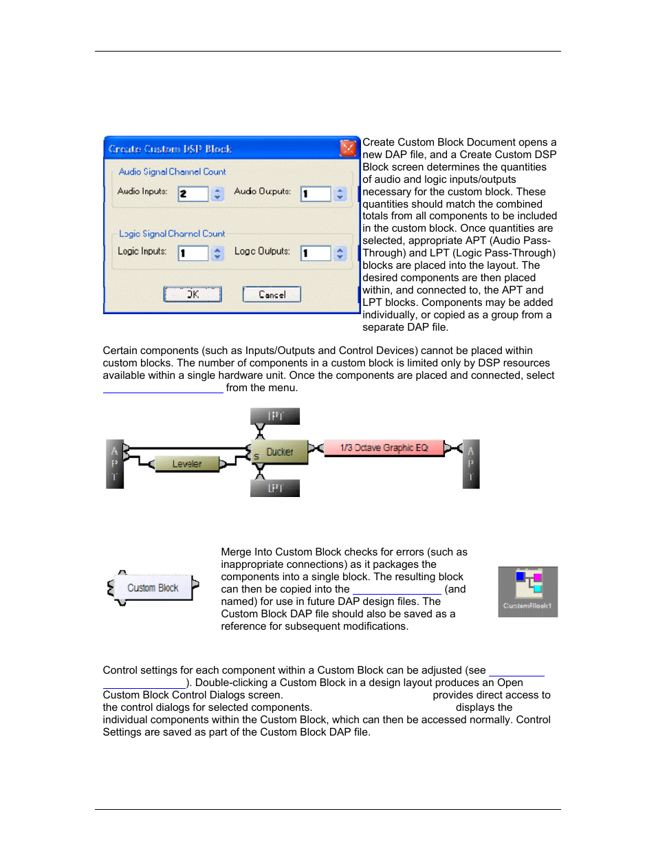 Menu items, Create custom block document, Merge into custom block | Biamp LTR User Manual | Page 81 / 245