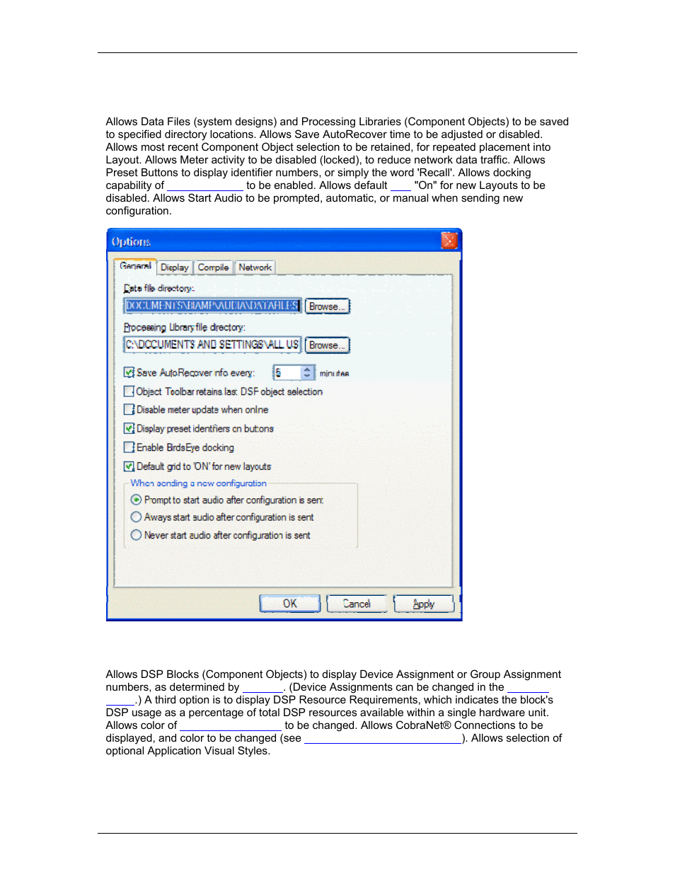 General options, Display options, Compile options | Cted from, Serial # and, Ged in, See g, See display | Biamp LTR User Manual | Page 88 / 245