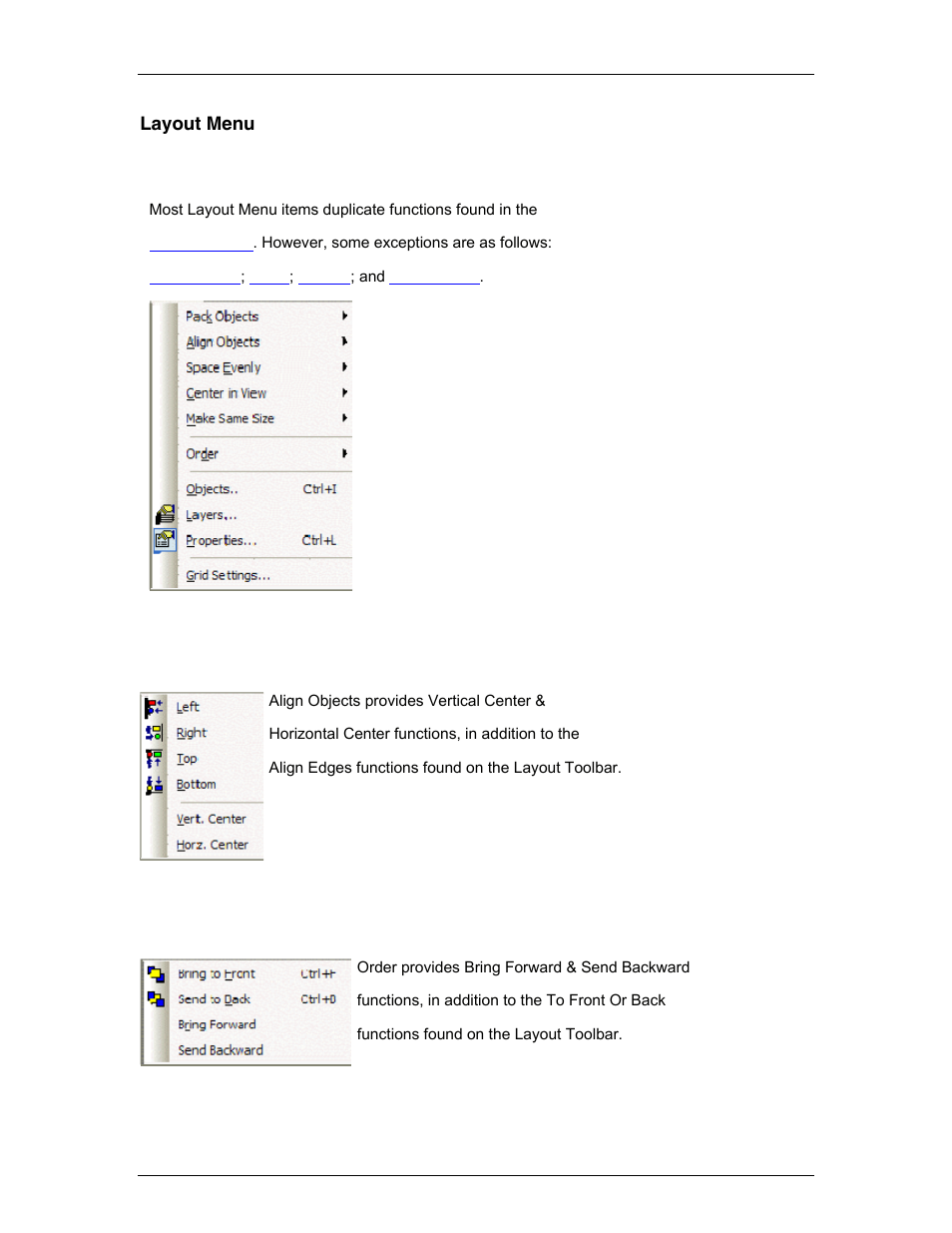 Layout menu, Menu items, Align objects | Order, Object sheet, Right-clickin, Layout | Biamp LTR User Manual | Page 93 / 245