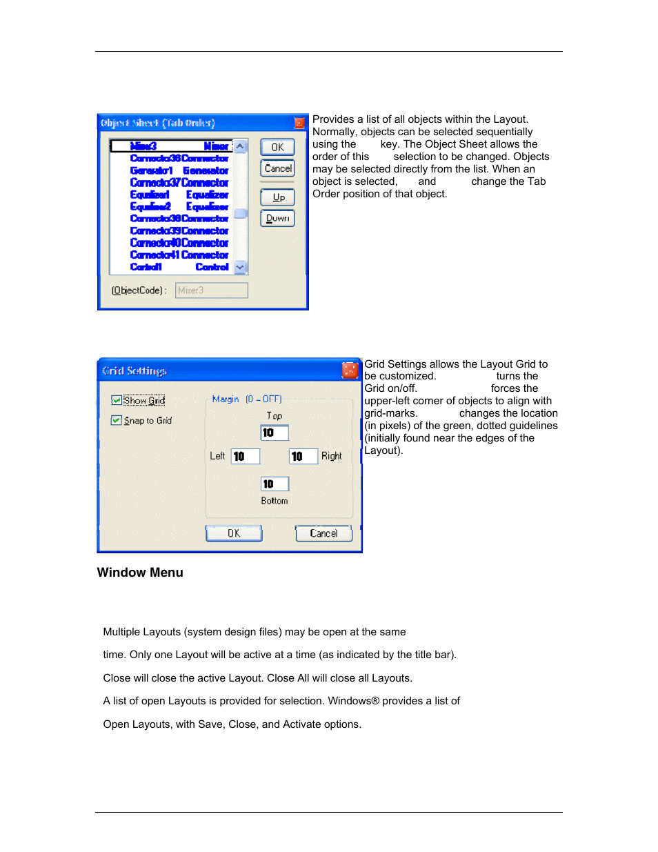 Object sheet, Grid settings, Window menu | Status bar, Window, Grid, On" for ne, Objects | Biamp LTR User Manual | Page 94 / 245