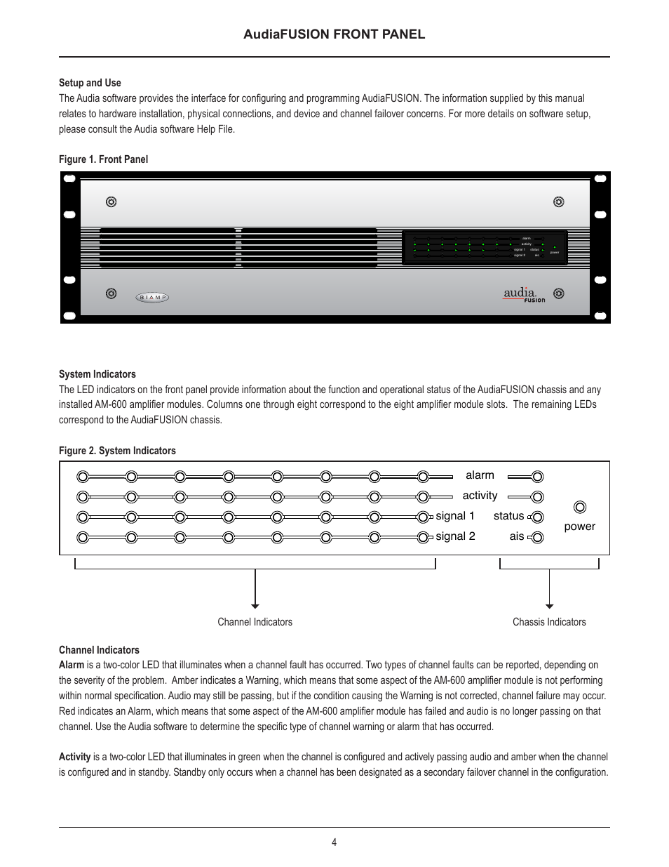 Audiafusion front panel, Alarm activity signal 1 signal 2 status ais power | Biamp AudiaFUSION User Manual | Page 5 / 19