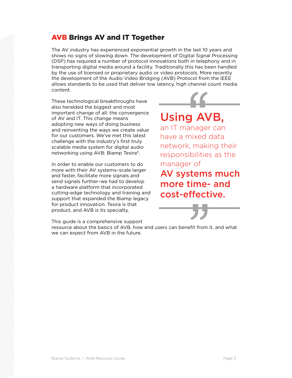 Using avb, Av systems much more time- and cost-effective, Avb brings av and it together | Biamp Audia Classic Firmware Upgrade Procedure User Manual | Page 3 / 18