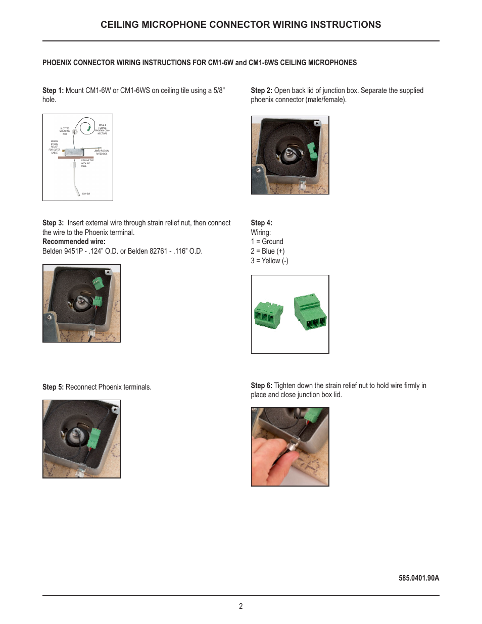 Ceiling microphone connector wiring instructions | Biamp CM1 User Manual | Page 2 / 3