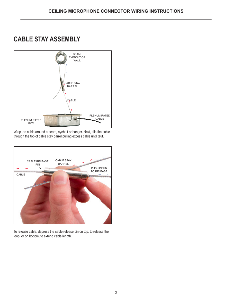 Cable stay assembly, Ceiling microphone connector wiring instructions | Biamp CM1 User Manual | Page 3 / 3