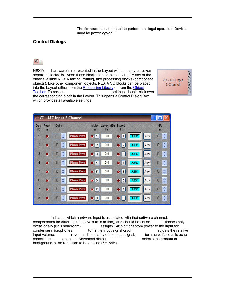 Control dialogs, Vc - aec input 8 channel, Control dialogs vc - aec input 8 channel | Biamp LTR User Manual | Page 102 / 217