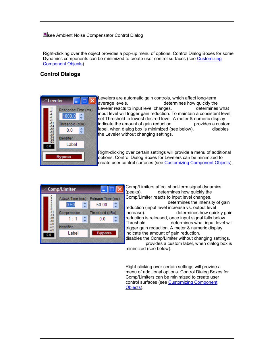 Control dialogs, Leveler, Comp/limiter | See l, See comp/li | Biamp LTR User Manual | Page 133 / 217