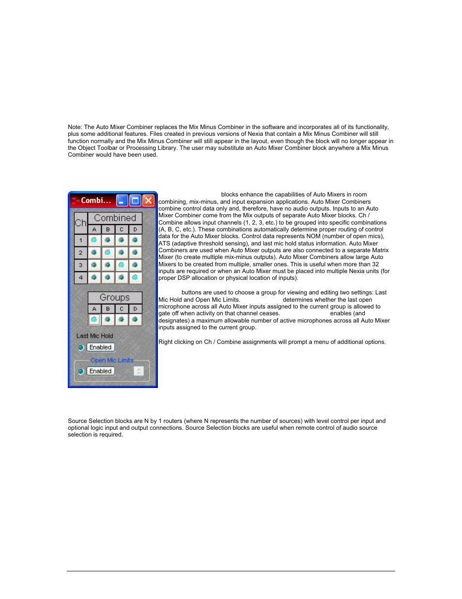 Introduction, Control dialogs, Auto mixer combiner | Source selections | Biamp LTR User Manual | Page 15 / 217