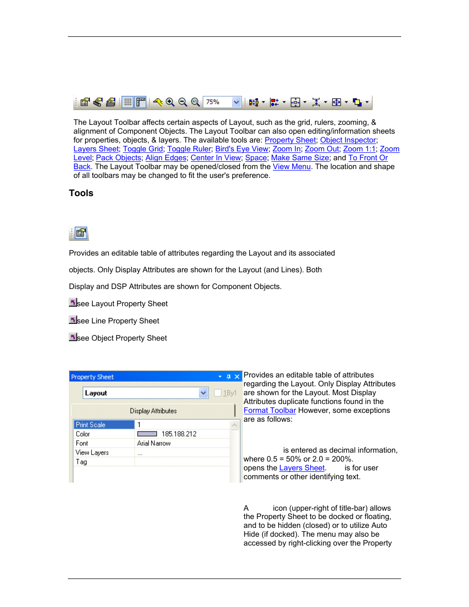 Layout toolbar, Tools, Property sheet | Layout property sheet, Property, Sheet, R is the, Layout, Toolbar, From the | Biamp LTR User Manual | Page 46 / 217