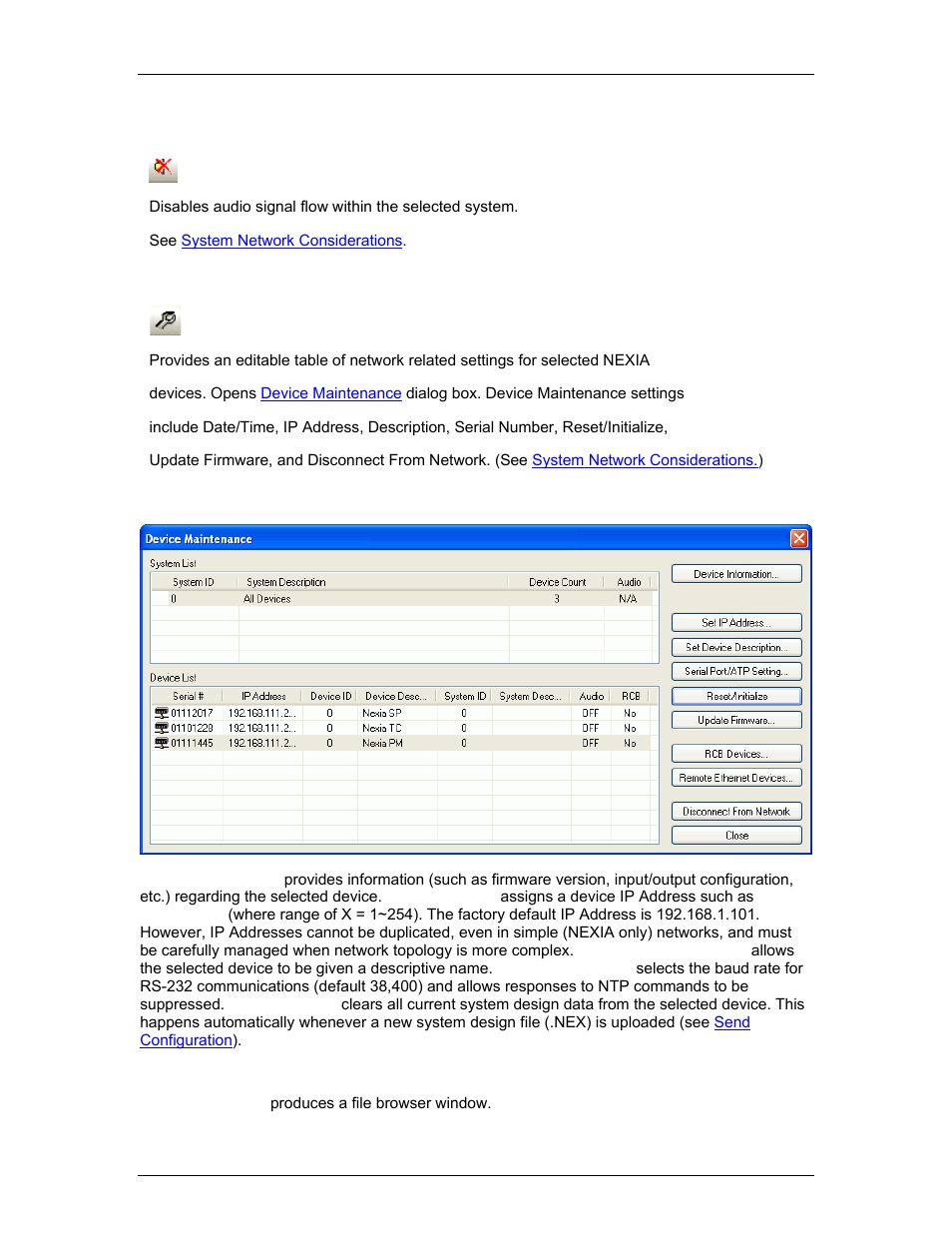 Stop audio, Device maintenance, Device maintenance dialog box | And asso, Ure is followed (see, Device, Maintenance | Biamp LTR User Manual | Page 55 / 217