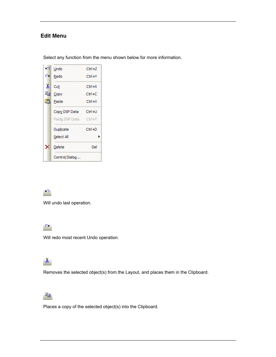 Edit menu, Menu items, Undo | Redo, Copy, Edit, Menu, For more options | Biamp LTR User Manual | Page 64 / 217