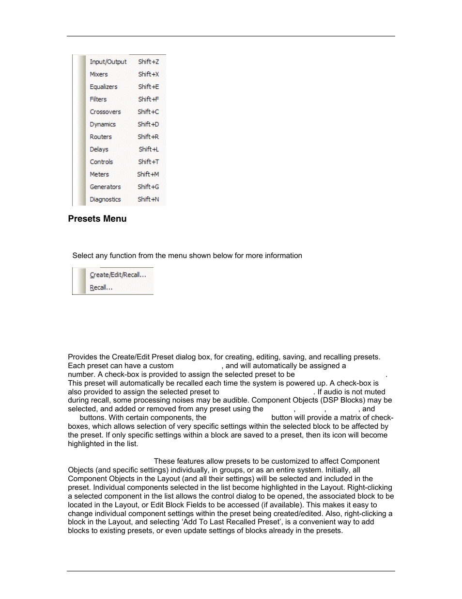 Presets menu, Menu items, Create/edit/recall | Presets, Which can b | Biamp LTR User Manual | Page 67 / 217