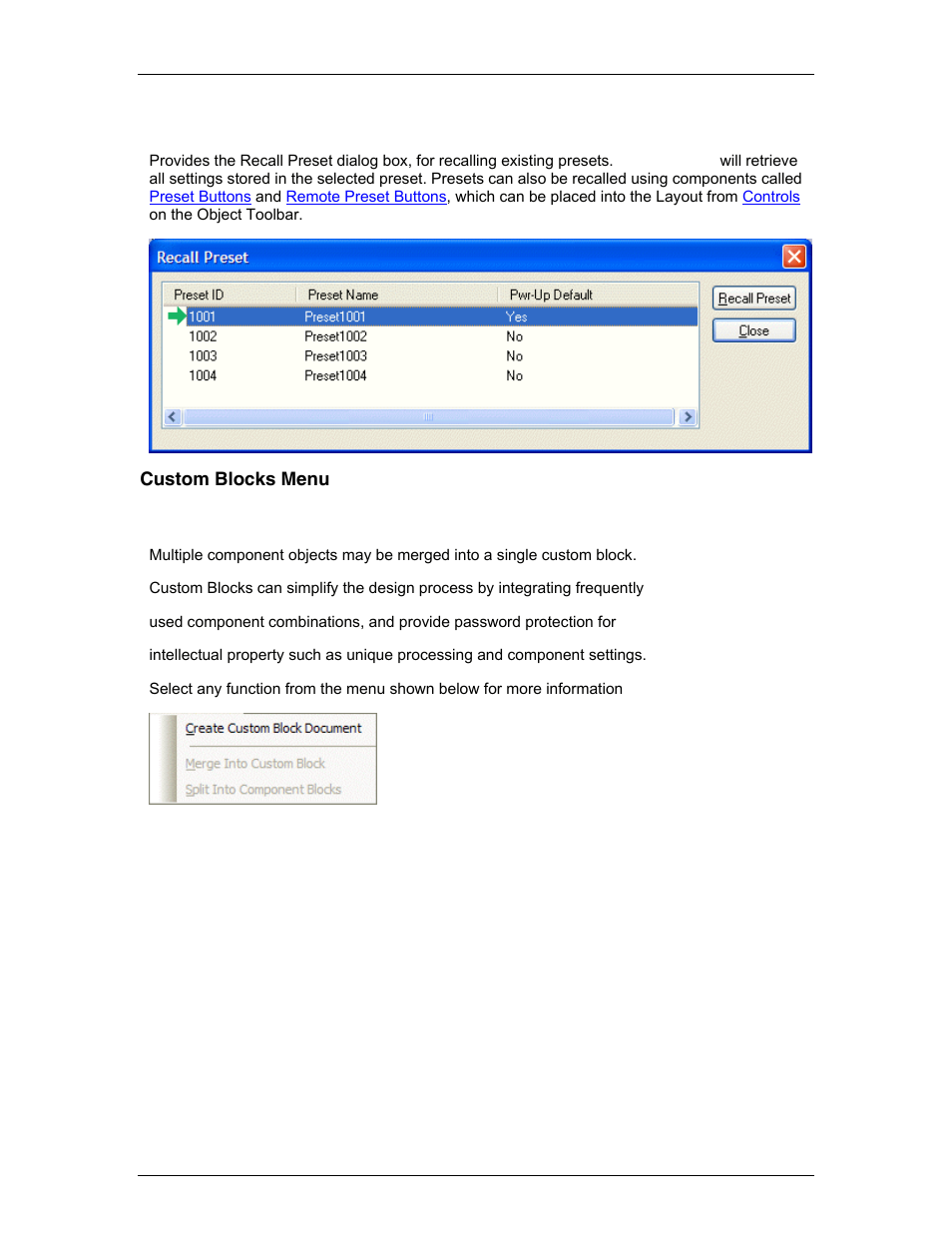 Recall, Custom blocks menu, Custom blocks | Biamp LTR User Manual | Page 69 / 217