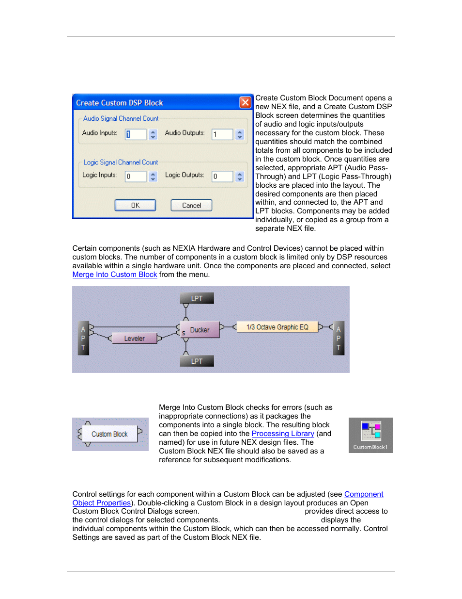 Menu items, Create custom block document, Merge into custom block | Biamp LTR User Manual | Page 70 / 217