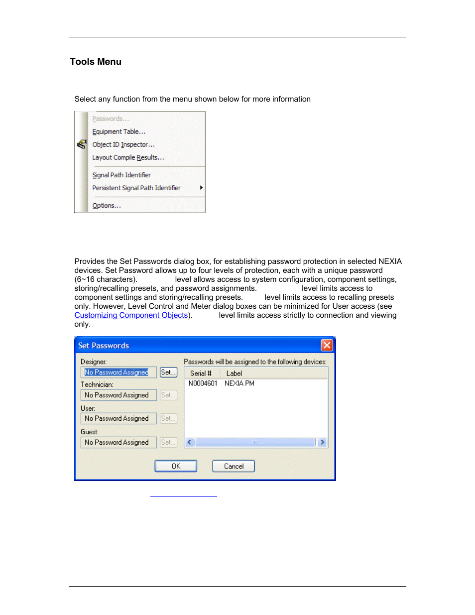 Tools menu, Menu items, Passwords | Tools, Password | Biamp LTR User Manual | Page 72 / 217