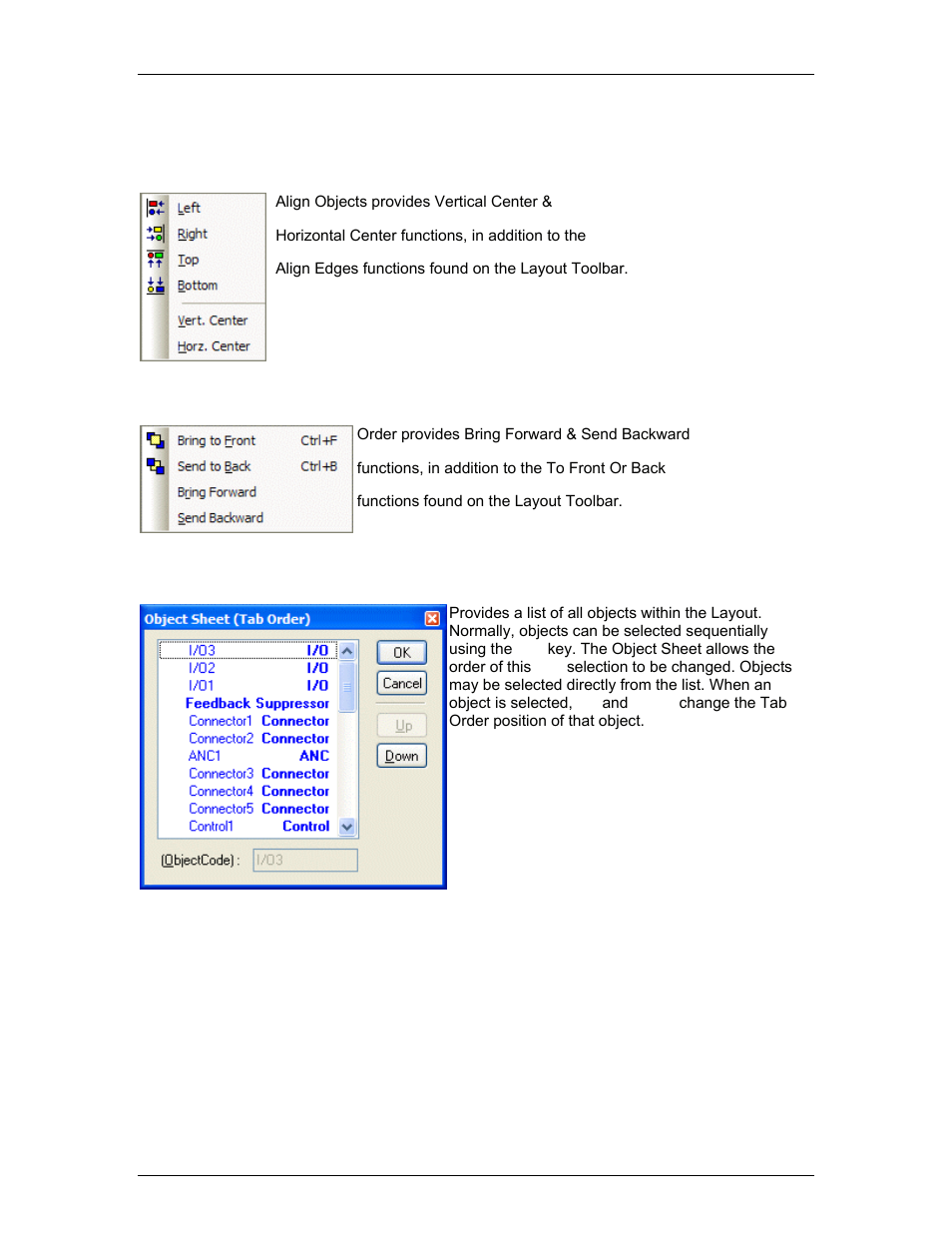 Menu items, Align objects, Order | Object sheet, Objects | Biamp LTR User Manual | Page 82 / 217