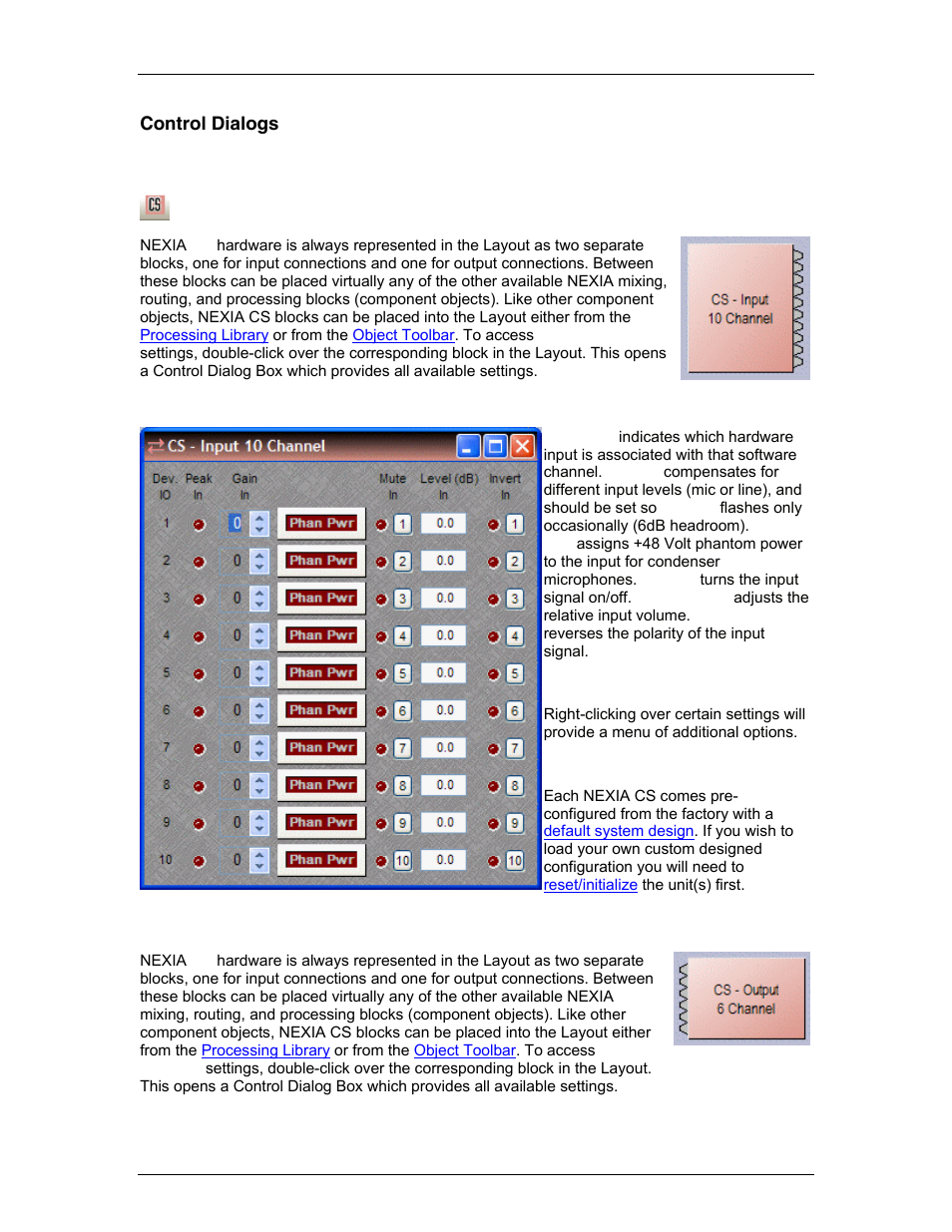 Control dialogs, Cs input 10 channel, Cs output 6 channel | Block in the | Biamp LTR User Manual | Page 89 / 217