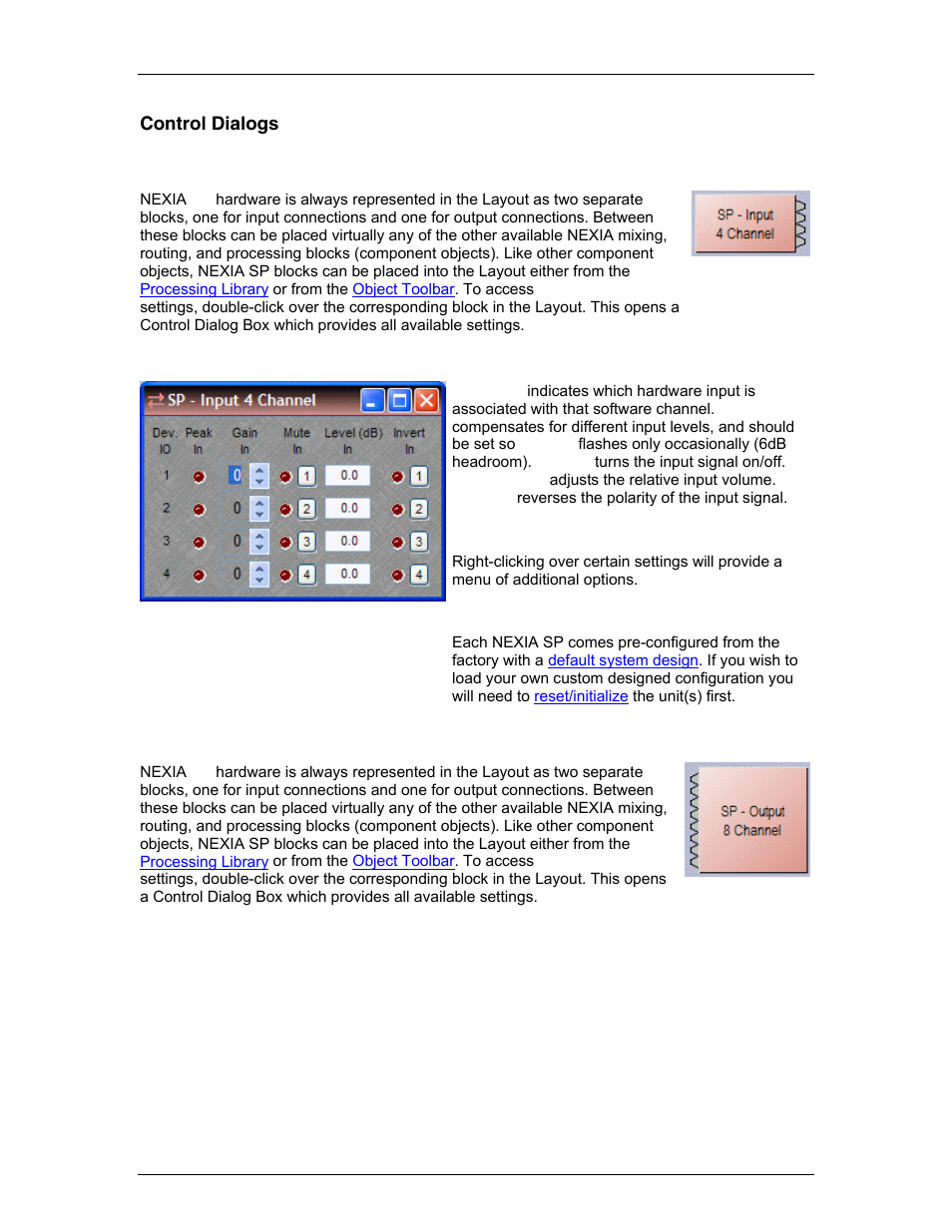 Control dialogs, Sp input 4 channel, Sp output 8 channel | Block in the la, Block in the | Biamp LTR User Manual | Page 98 / 217